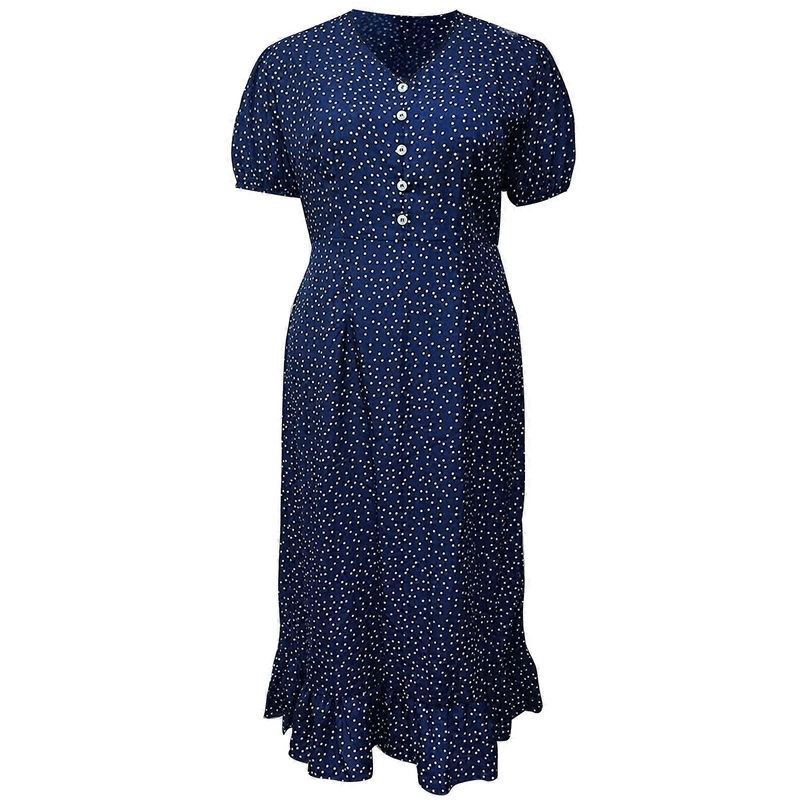 Womens V Neck Button Front Party Maxi Swing Dress Puff Short Sleeve High Waist Retro Dots Print Casual Party Loose Gown  Blue XL | Fruugo SG