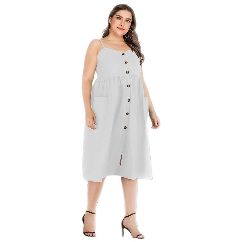 Womens V Neck Single-Breasted Button Midi Dress Spaghetti Strap Empire Waist Plain Color Flared Swing Hem A-Line Gown  White XL | Fruugo SG