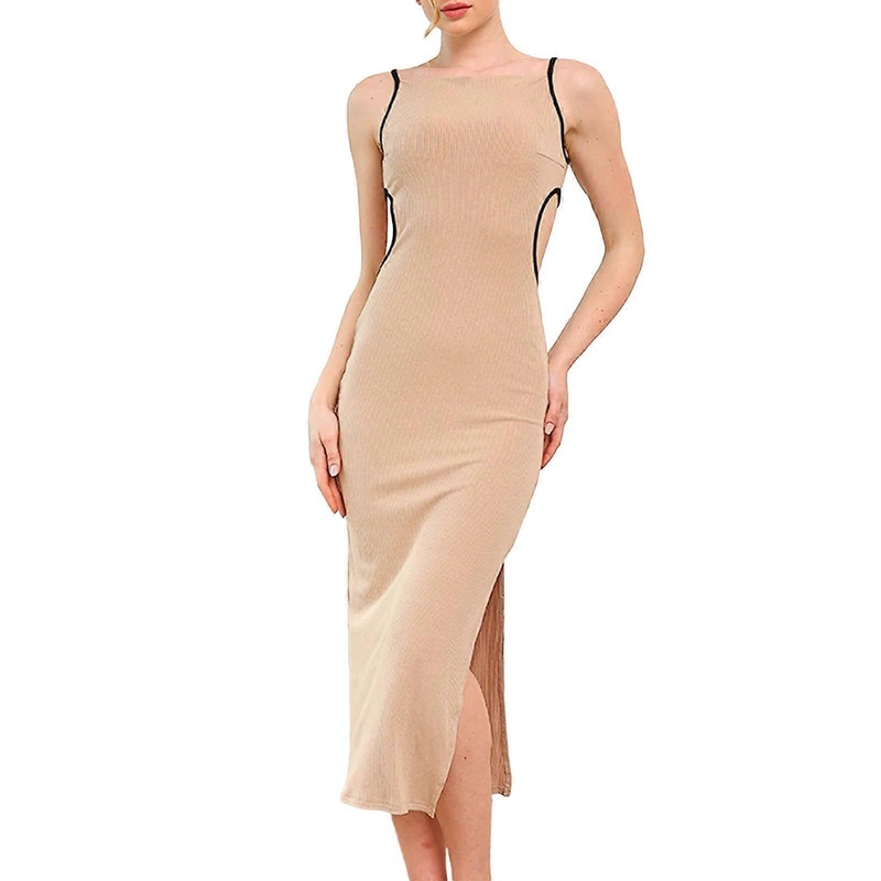 Elegant and Comfortable Knitted Backless Party Dress Slit Spaghetti Straps Midi Dress for Women  Khaki S | Fruugo SG