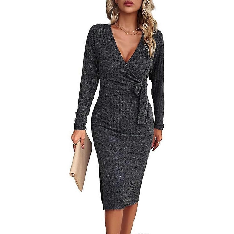 Ladies Sexy Sweater Dress V-Neck Vertical Stripe Plain Knitted Tie Dress Midi Dress | Fruugo SG