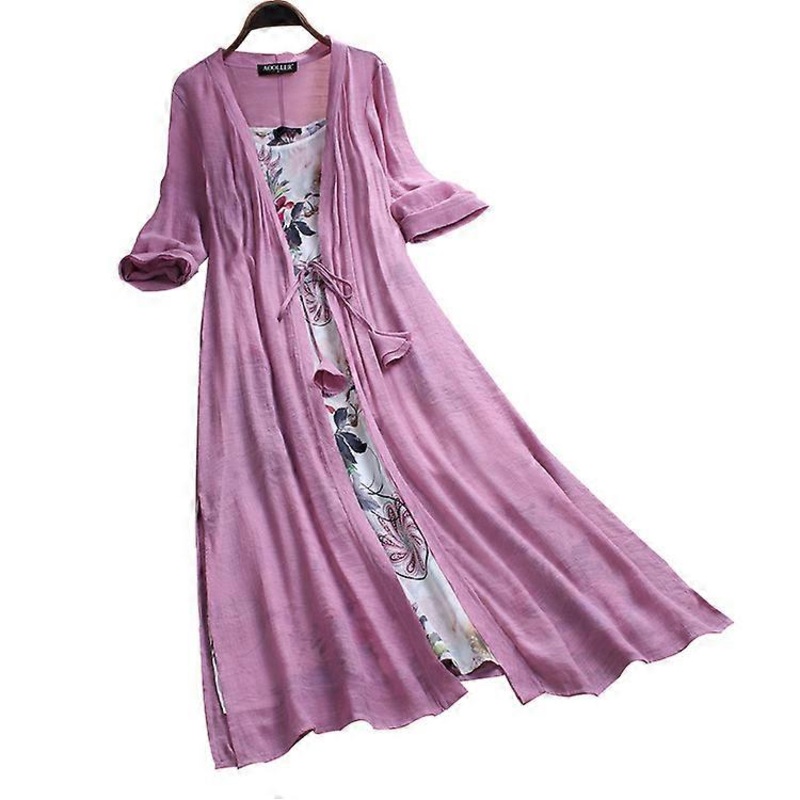 Qertyioot Boho Women’s Vintage O-Neck Flowers Print Lace Two-piece 3/4 Sleeve Dress | Fruugo SG