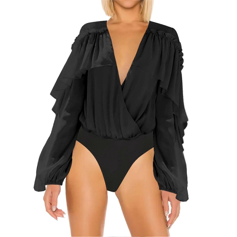 Ruffle Bodysuit V Neckline Elastic Cuff Long Sleeve Plain Color Women Bodysuit for Dating Black M | Fruugo SG