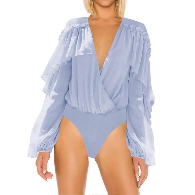 Ruffle Bodysuit V Neckline Elastic Cuff Long Sleeve Plain Color Women Bodysuit for Dating Blue M | Fruugo SG