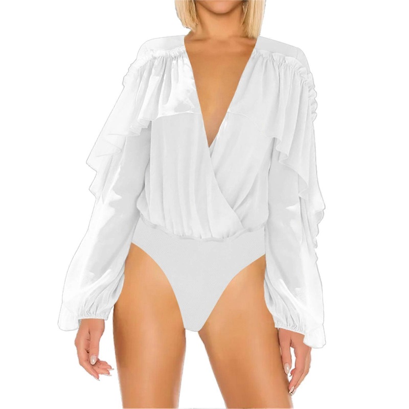 Ruffle Bodysuit V Neckline Elastic Cuff Long Sleeve Plain Color Women Bodysuit for Dating White S | Fruugo SG