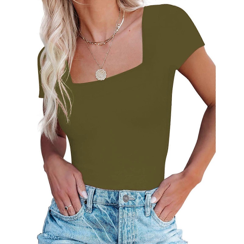 Short Sleeve Bodysuit Women Elegant Slim Fit Pure Color Snap Button Bodysuit for Cocktail Party OD Green L | Fruugo SG