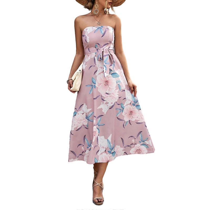 Sleeveless Tube Top Dress Bows Tie Floral Printed Long Shoulder Off Bows Tie Dresses Ruffle Bodycon Women Outfits  Pink XL | Fruugo SG