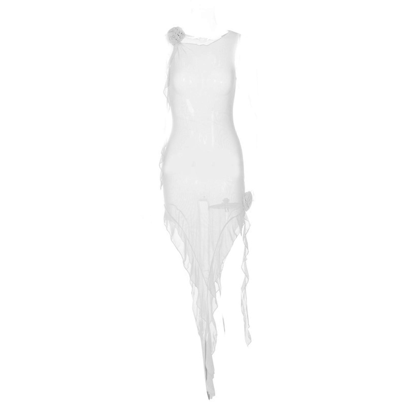 Solid Color Sleeveless Dresses Round Neck Splicing Gauzes Flower Jokers Dress Ruffle Streamers Outfit for Womens  White S | Fruugo SG