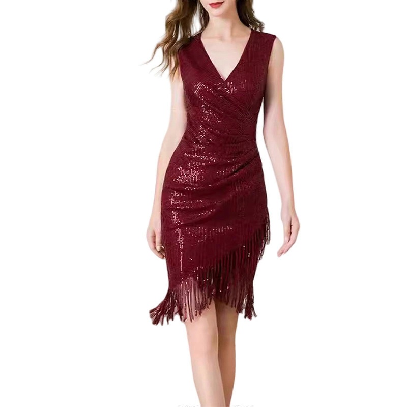 Sophisticated Sequins Embellished Sleeveless Ruched Bodycon Dress with Asymmetrical Fringe and Wrap V Neck for Women  Burgundy XL | Fruugo SG