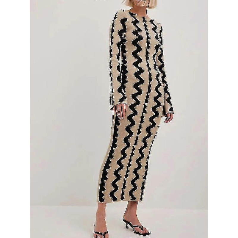 Summer Women Striped Knitted Maxi Dress Elegant O-neck Flare Long Sleeve Bodycon Dress Ladies Fashion Streetwear Party Dresses | Fruugo SG