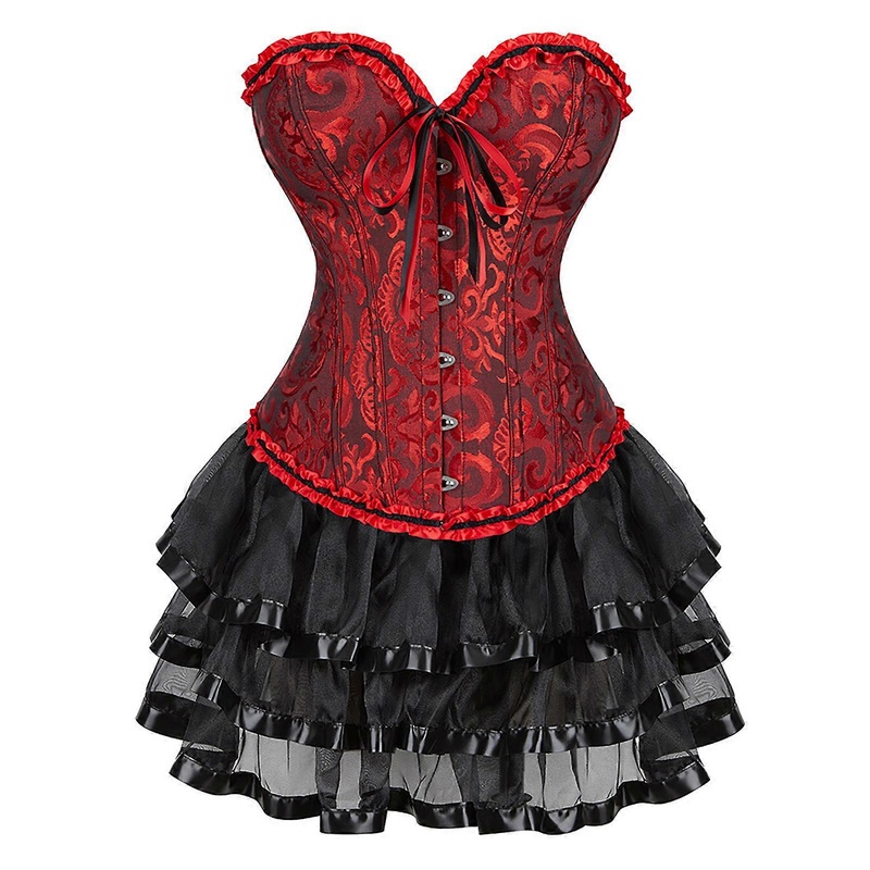 Vintage Victorian Styles Strapless Mini Corset Dress with Ruffled Lace Trim for Women Lace Up Bustier Masquerades Gown  black red red L | Fruugo SG