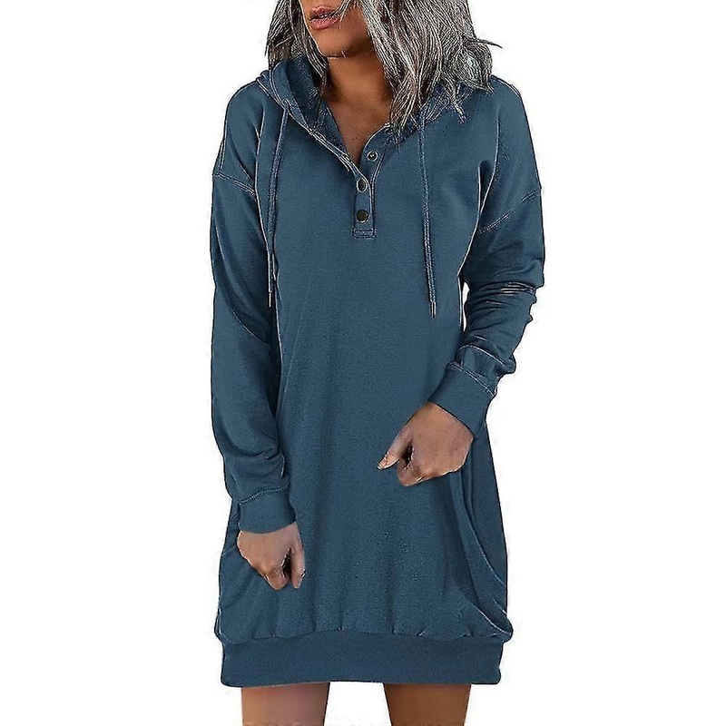 Vintage Women Solid Hoodies Dress Autumn Winter Button Loose Hooded Sweatshirt Dress Long Sleeve Harajuku Long Tops Tunic | Fruugo SG