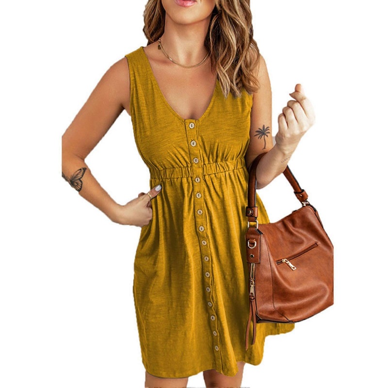 Women Dress V Neck Sleeveless Tank Top A Line Elastic High Waist for Home Office Yellow L | Fruugo SG
