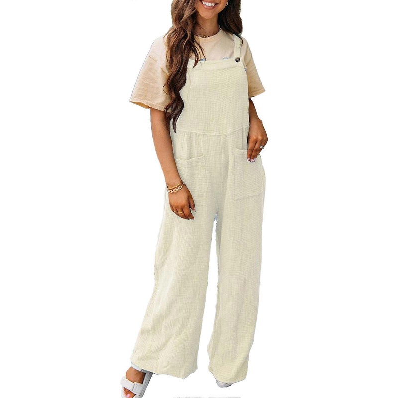 Women Fashionable Button Overalls Loose Casual Elegant Plain Color Sleeveless Strap Overalls with Pockets Apricot S | Fruugo SG