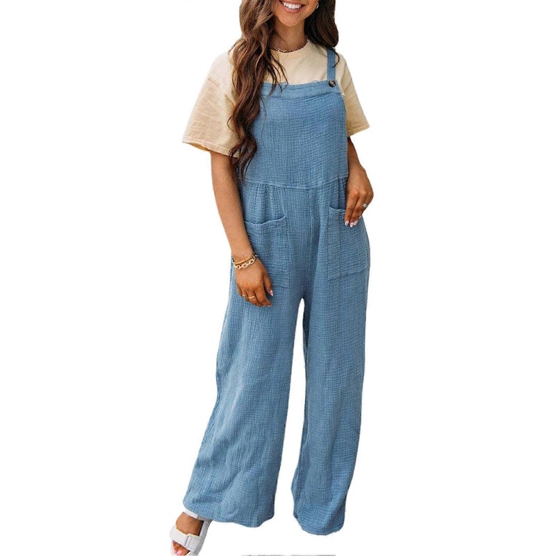 Women Fashionable Button Overalls Loose Casual Elegant Plain Color Sleeveless Strap Overalls with Pockets Lake Blue S | Fruugo SG