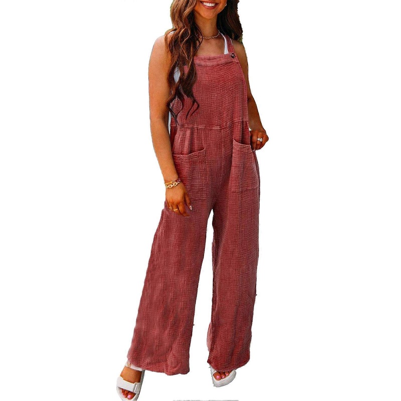 Women Fashionable Button Overalls Loose Casual Elegant Plain Color Sleeveless Strap Overalls with Pockets Watermelon Red XXL | Fruugo SG