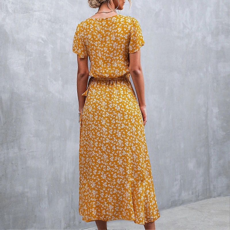 Women Floral Wrap Dress V Neck Waist Belted Ruffle Sleeve Asymmetrical Hem Summer Long Dress Yellow L | Fruugo SG