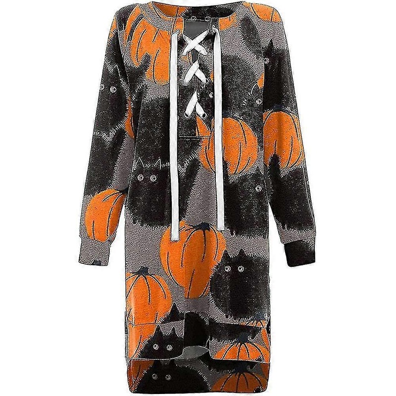 Women Halloween Print Long Sleeve Lace Up V-neck Mini Dress | Fruugo SG