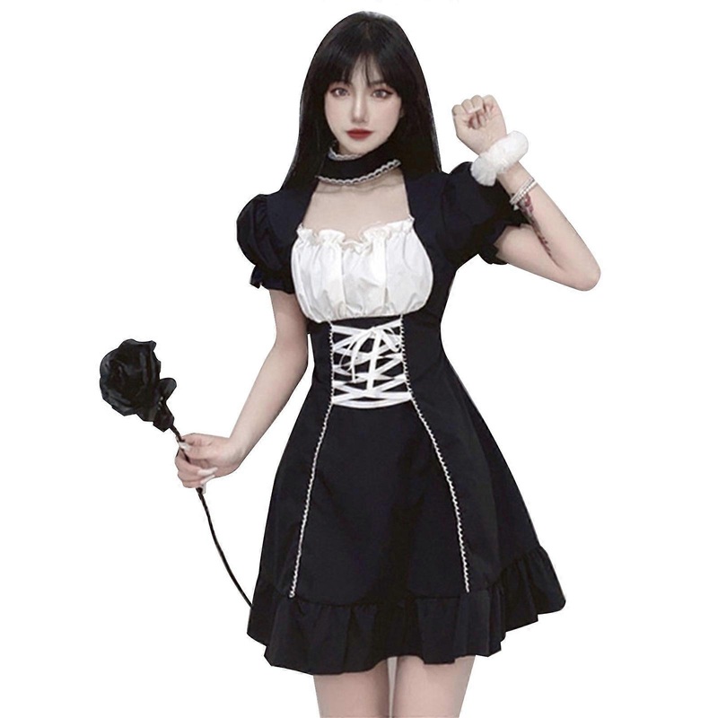 Women Lolita Puff Short Sleeve Pleated Mini Dress Maid Square Neck Lace-Up High Waist A-Line Ruffle Lace Hem Costume  L | Fruugo SG