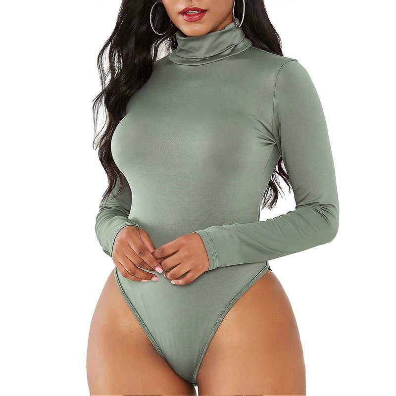 Women Long Sleeve Bobysuit Turtleneck Slim Pure Color High Elasticity Snap Closure Bodysuit Light Green L | Fruugo SG
