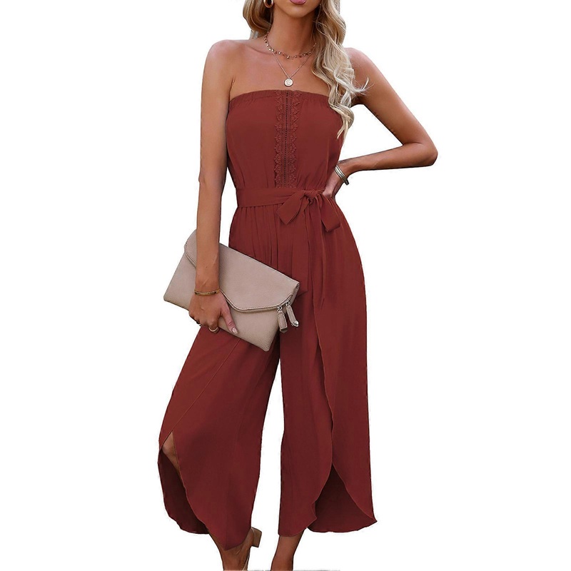 Women Off Shoulder Cropped Jumpsuit Tube Top Playsuit Lace Trim Casual Loose Fit with Belt for Daily Work Party L Dark Red | Fruugo SG