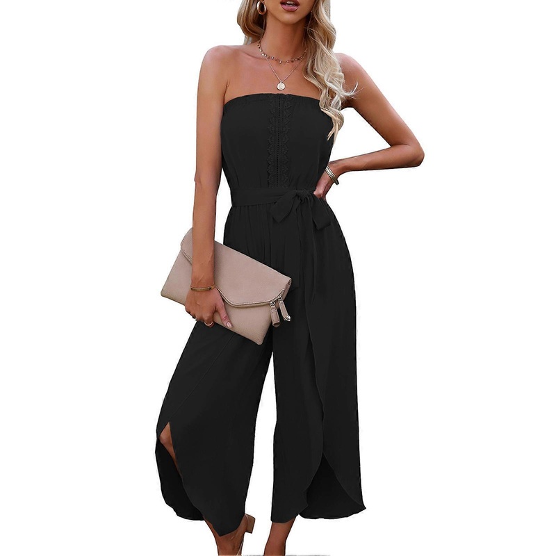 Women Off Shoulder Cropped Jumpsuit Tube Top Playsuit Lace Trim Casual Loose Fit with Belt for Daily Work Party S Black | Fruugo SG