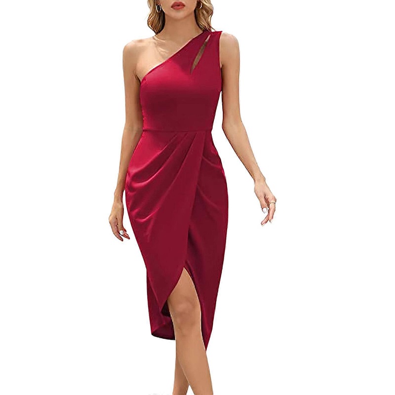 Women One Shoulder Cutout Sleeveless Ruched Wrap Asymmetrical Slit Midi Dress Empire Waist Pacakge Hip Bodycon Dress  Red XL | Fruugo SG