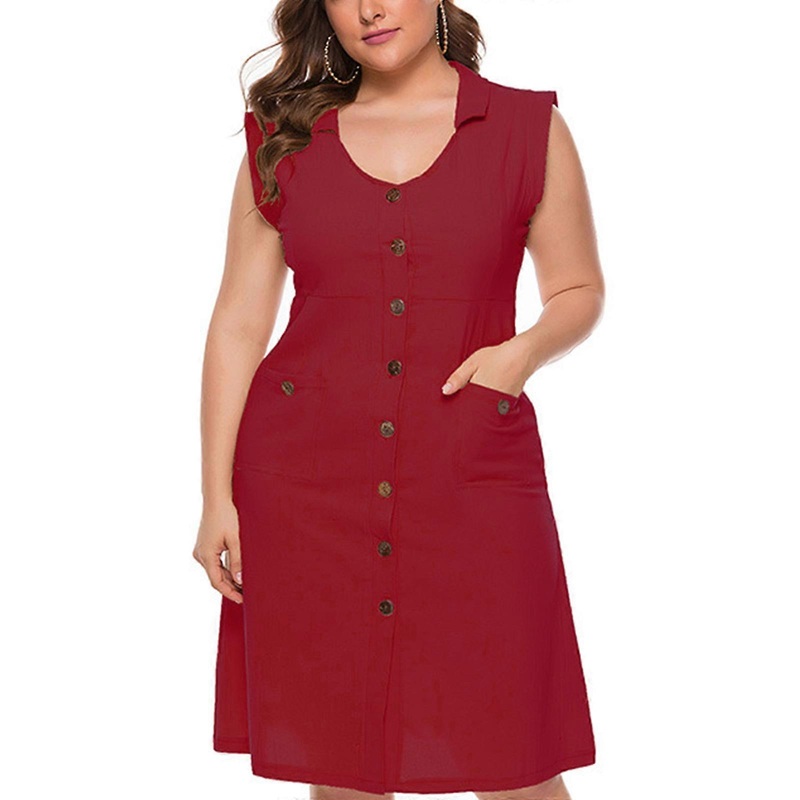 Women Plus Size Summer Sleeveless Lapel V-Neck Button Down Midi Long Shirt Dress with Pockets Solid Color High Waist A-Line Flare Hem Streetwear  Red | Fruugo SG