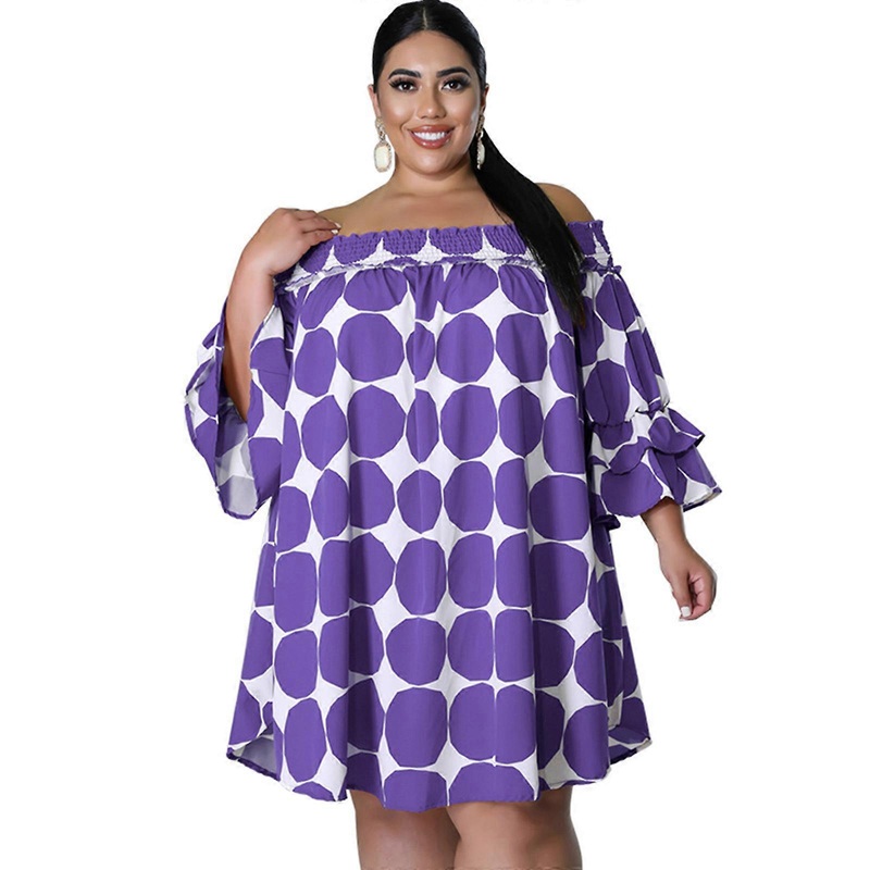 Women Plus Size Tiered Ruffle 3/4 Sleeves Sexy Off Shoulder Midi Swing Dress Colorful Polka Dot Loose Party Sundress  Purple XL | Fruugo SG
