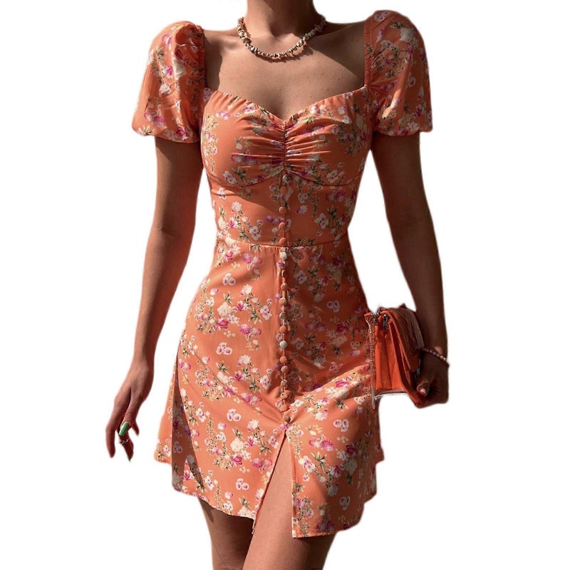 Women Puff Short Sleeve Button Front A-Line Dress Ruched Chest V-Neck Vintage Floral High Waist Split Hem Mini Dresses  orange XL | Fruugo SG