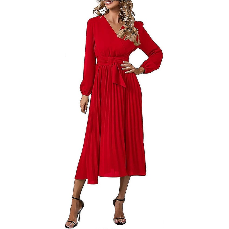 Women’s Casual Es Long Sleeve Fit Pleated Belt V-neck Elegant Fall Clothes S-2xl E | Fruugo SG