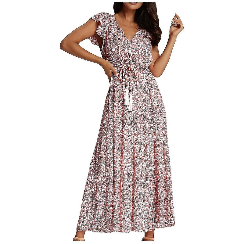 Women’s Fashion Bohemian V-neck Loose Short Sleeve Print Ankle Length Dress+belt | Fruugo SG