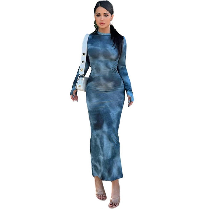 Women’s Sexy Bodycon Tie Dye Maxi Dress Scoop Neck Casual Long Dress Club Party Slim Dresses(Blue) | Fruugo SG