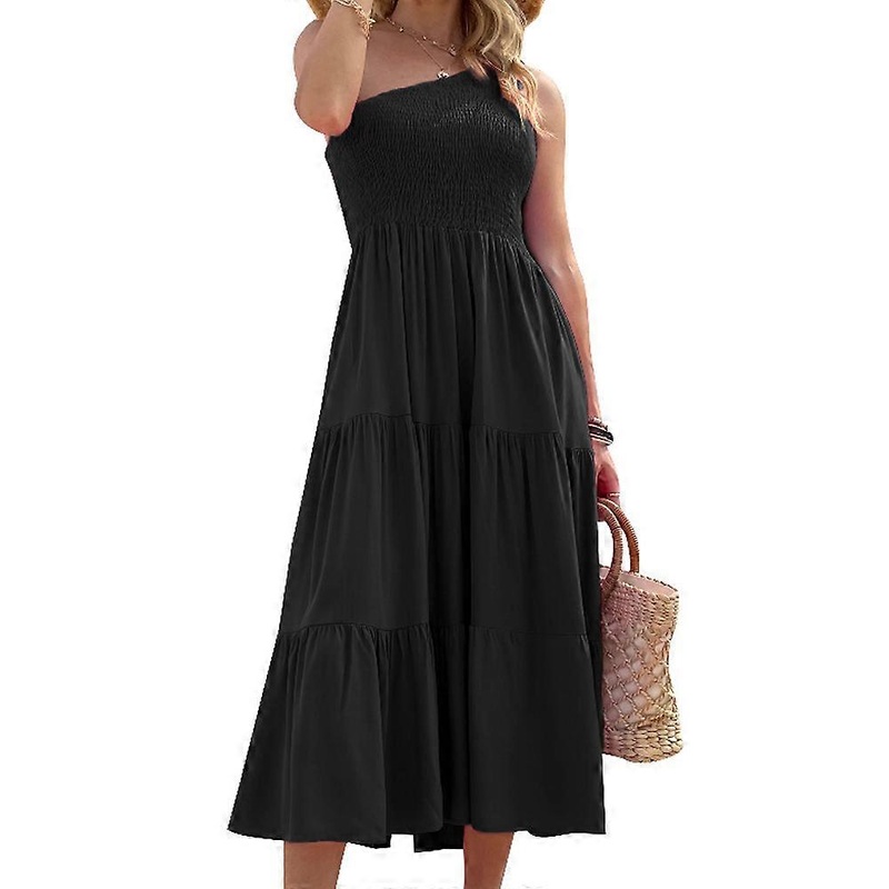 Women’s Summer Boho One Shoulder Sleeveless Solid Color Ruffle Beach Party Tiered Midi Dressblack | Fruugo SG