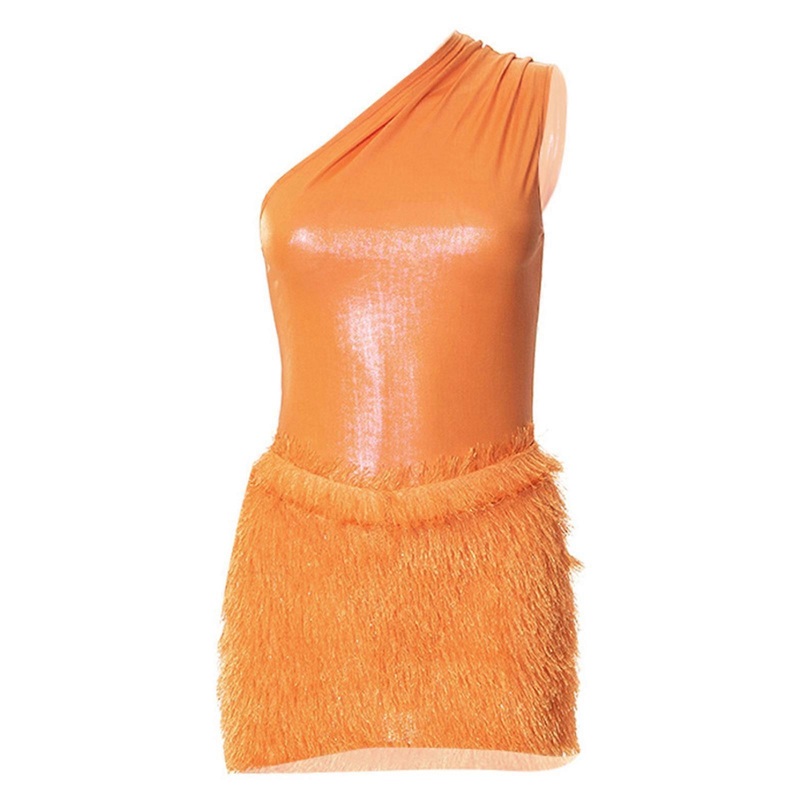 Women Sexy Oblique Neck One Shoulder Mini Bodycon Dress Nightclub Dancing Shiny Metallic Top Fringe Tassel Dresses  Orange L | Fruugo SG