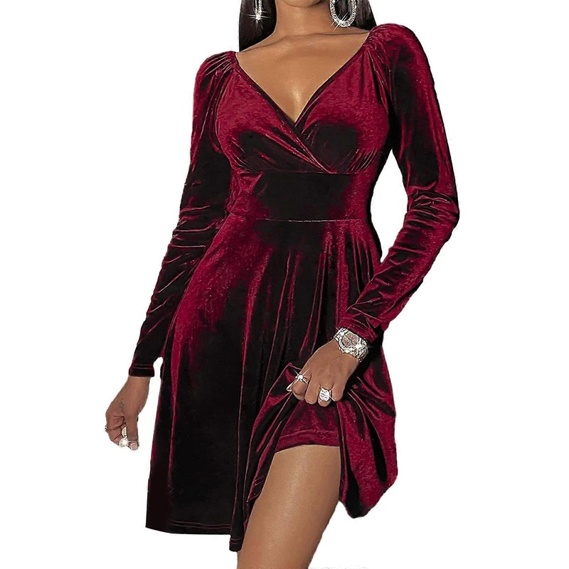 Women Sexy Ruched Wrap V-Neck Slim Fit Flared Swing Midi Dress Long Sleeve A-Line Cocktail Christmas Party Club Dress  Red XL | Fruugo SG