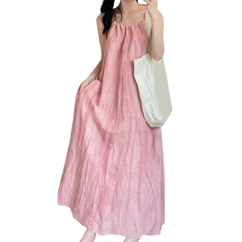 Women Sleeveless Tie Back Halterneck Flared Long Dress  Solid Color Beach Vacation Spaghetti Straps Loose Swing Dresses  Pink XL | Fruugo SG