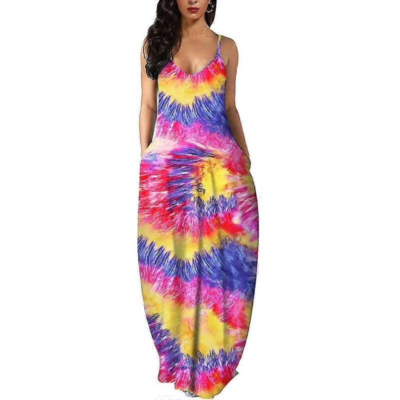 Women Spaghetti Strap Sexy Deep V-Neck Long Dress Boho Gradient Striped Printed Casual Loose Beach Sundress with Pockets  tie dye blue S | Fruugo SG