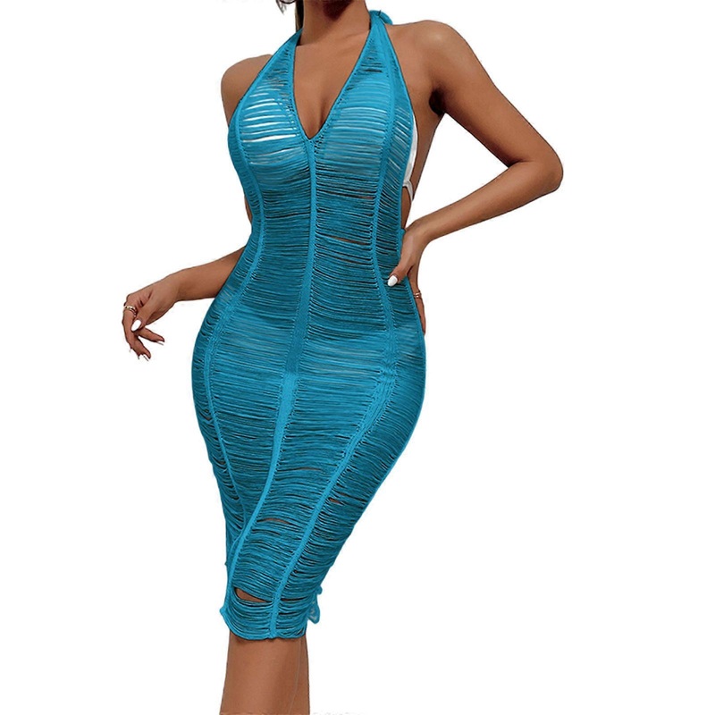 Women Summer Sexy Crochet Bikini Cover Up Halter V-Neck Backless Hollow Out Knee Length Bodycon Beach Dress See Through Mesh Swimwear Robe  Blue S | Fruugo SG
