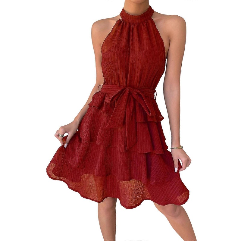 Women Summer Sleeveless Halter Neck Ruffle Layer A-Line Short Dress with Belt Solid Color Textured Tiered Swing Dresses  Red S | Fruugo SG