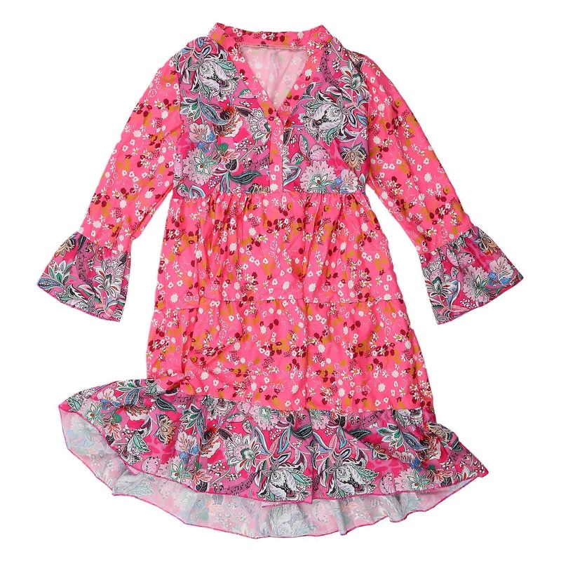 Womens Floral Print Dress Long Sleeve V Neck Pleated Midi Dresses Spring Summer Oversize Dress  XL Pink | Fruugo SG