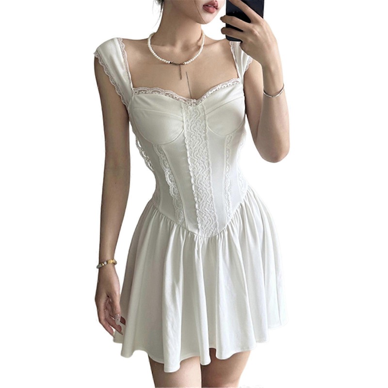 Womens Lace Trim Sleeveless Sweetheart Neck Slimming Short Dress Elegant Pleated Ruffle A Line Corsets Camisole Dresses  White S | Fruugo SG