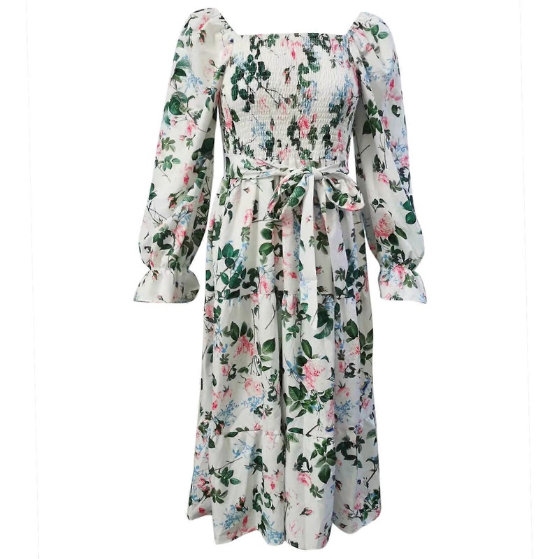 Womens Spring Summer Square Neck Ruffle Long Sleeve Floral Print Midi Dress High Waist Belted A-line Dress  roses XL | Fruugo SG
