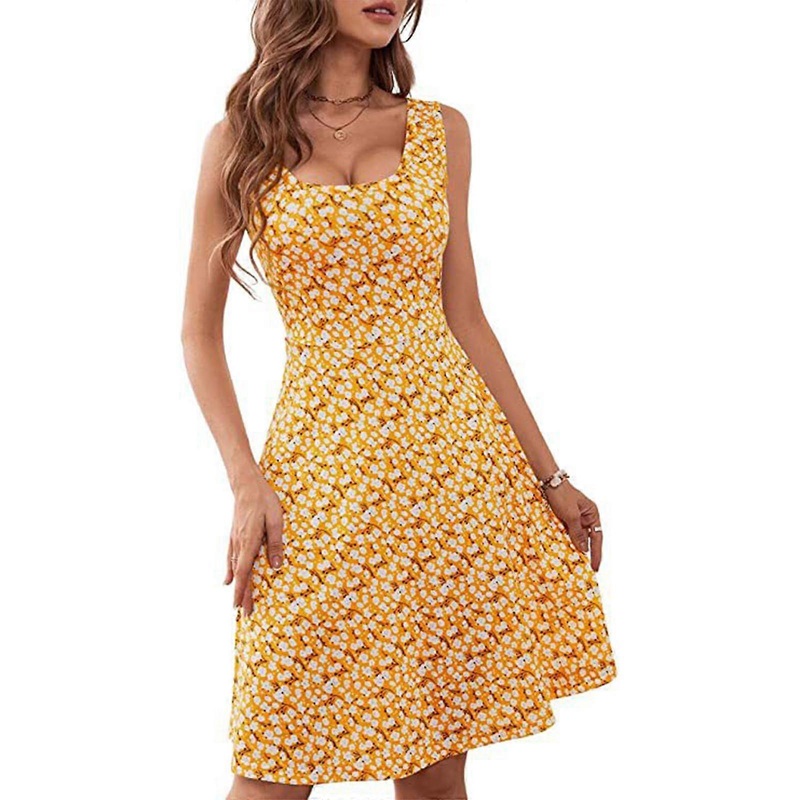 Womens Summer Floral Midi Dresses Sleeveless Round Neck Ruffle Cocktail Dress Female A-Line Dress Y2K Clothes  Yellow M | Fruugo SG