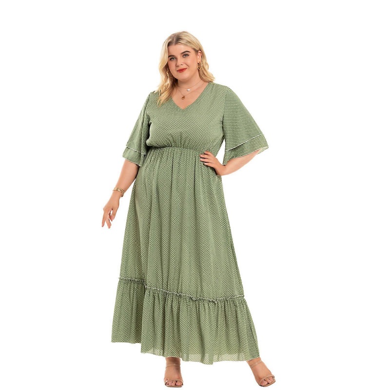 Womens V Neck Party Maxi Long Dress Tiered Ruffles Half Sleeve Elastic Waist Dots Printed Flared Swing Beach Gown XL-4XL  Green XL | Fruugo SG
