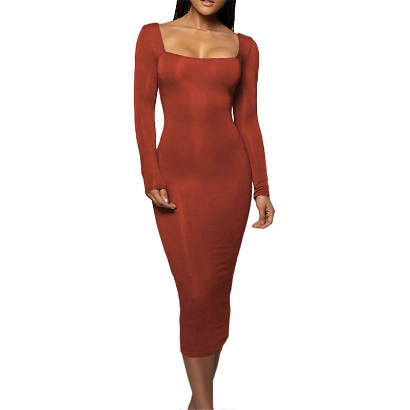 Womens Winter Fall Long Sleeve Sexy Square Neck Bodycon Midi Dress Solid Long Pencil Dress Thin Fleece Dresses  Red S | Fruugo SG