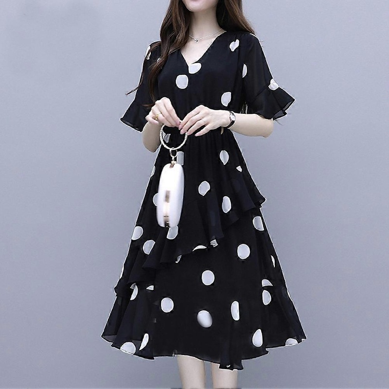 Black L Casual Women Girl Loose Dot Half Sleeve Ruffle V-Neck Dress Spring Summer | Fruugo SG