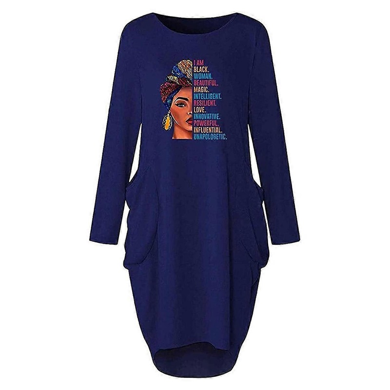 Blue L Women Loose Dress Print Full Sleeve O Neck Pocket Plus Size Midi Casual Dress Vintage Woman Dress | Fruugo SG