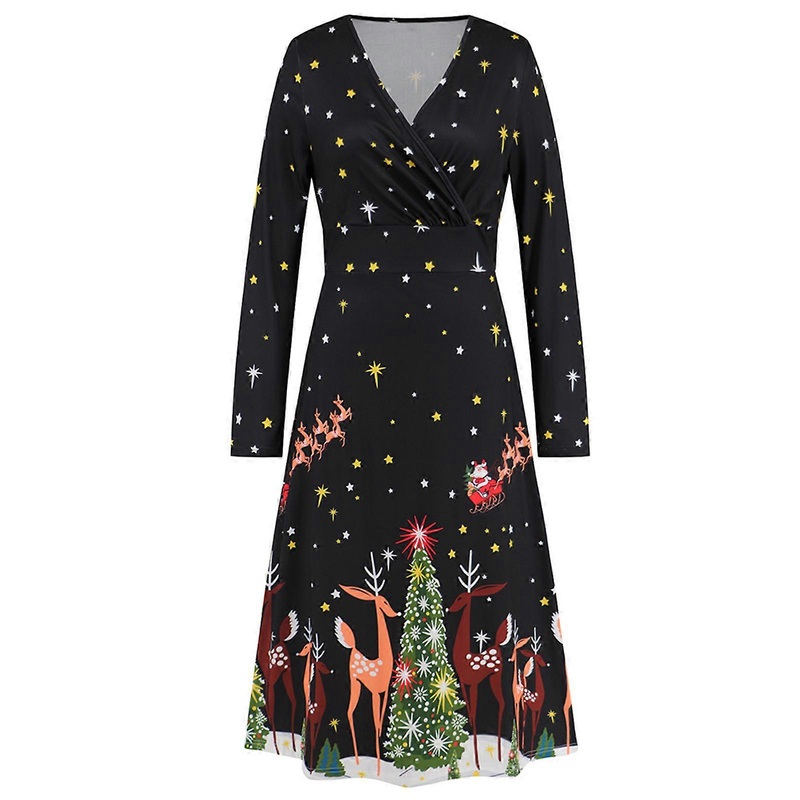 Christmas Dresses Cute Winter Themed Dresses Instant Holiday Outfits Long Sleeve V Neck Christmas Printed Midi Dress  hei4 S | Fruugo SG