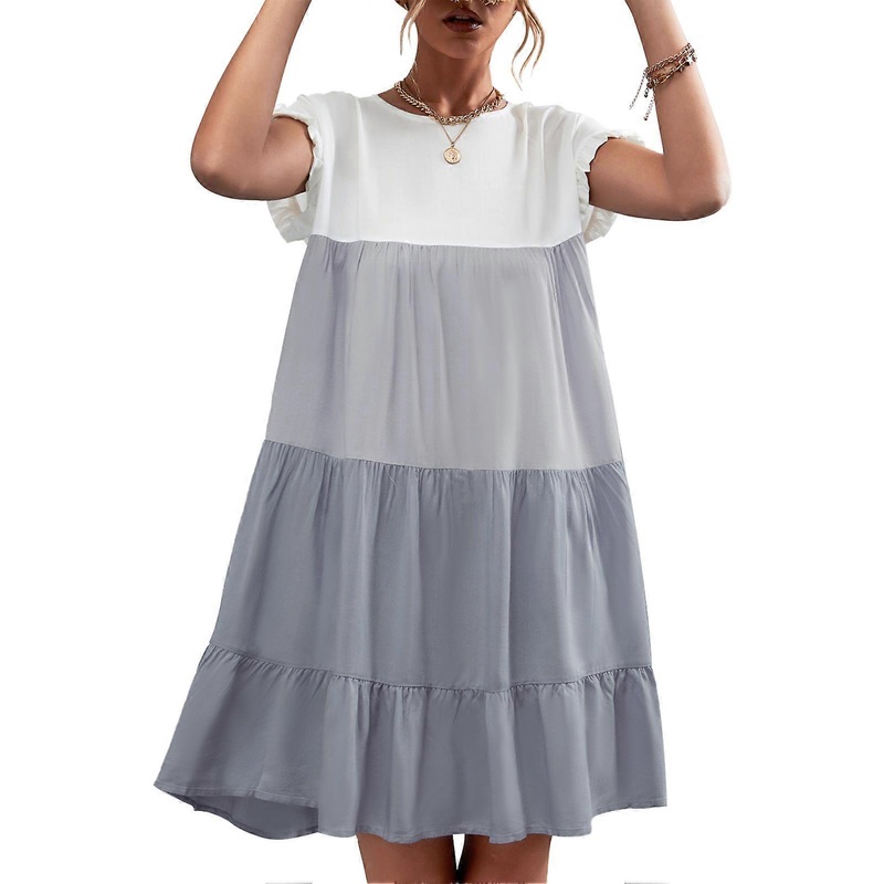 Contrast Color Splicing Dress Classic One Piece Dress with Ruffled Cuffs Machine Washable for Summer,Gray L | Fruugo SG