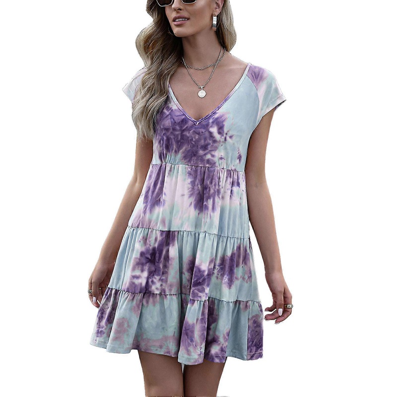 Deep V Neck Tie Dye Print Dress Women Elegant Casual Gradient Loose Hem Short Sleeved Tiered Dress Purple M | Fruugo SG